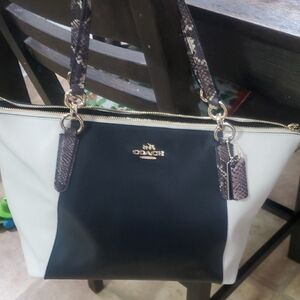 Coach Ava Black and White Colorblock Tote Bag Refind Leather With Snakeskin Trim